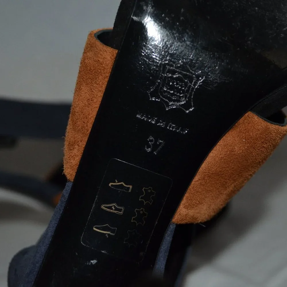 Sz 37 6.5 Pierre Hardy Black Navy Brown Suede Buckle Strap 4